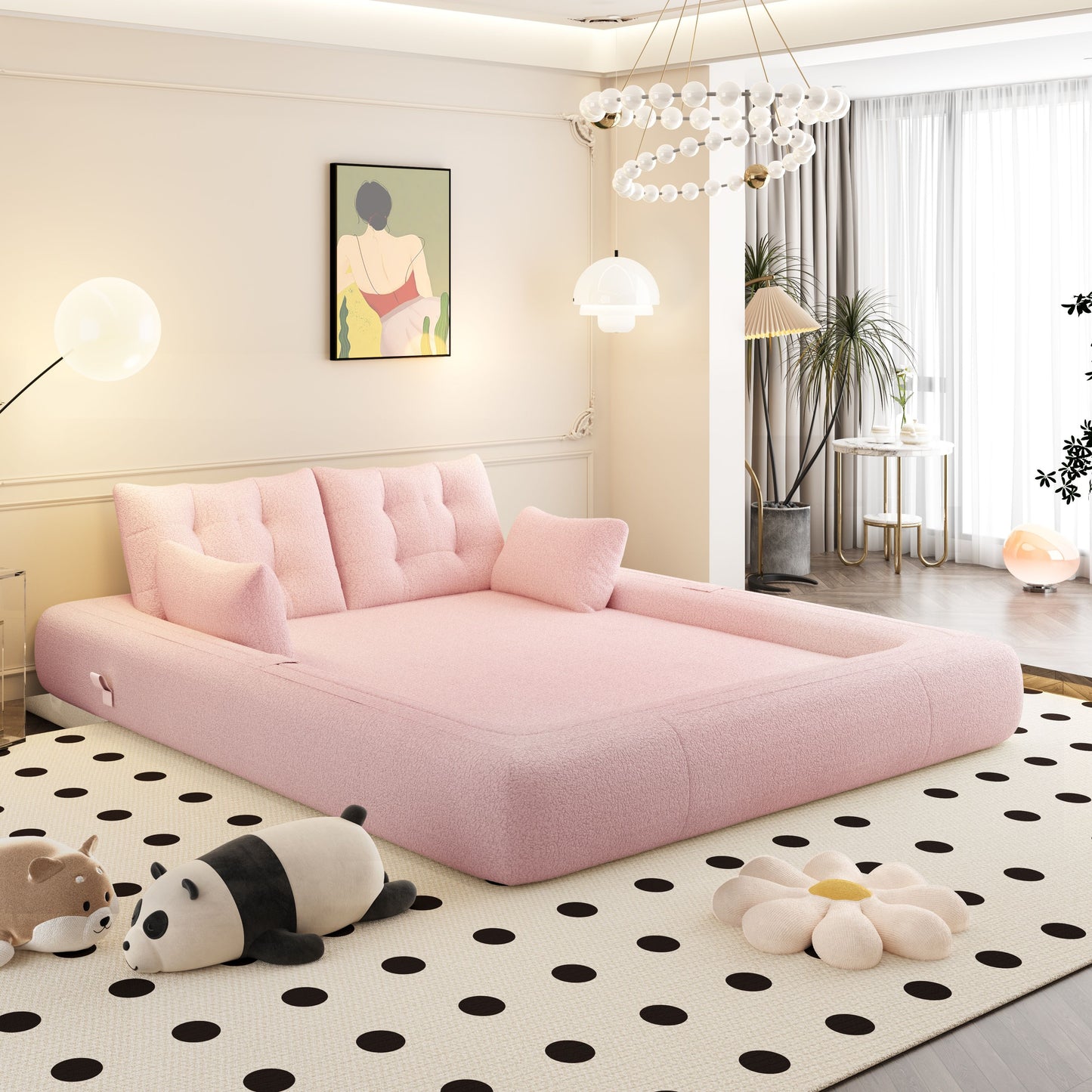 Human Dog Bed, Lazy Sofa Couch, Multifunctional Foldable Sofa Bed, 3 In 1 Teddy Fabric Sleeper Sofa Bed For Living Room Guest Bed, Playroom - Pink
