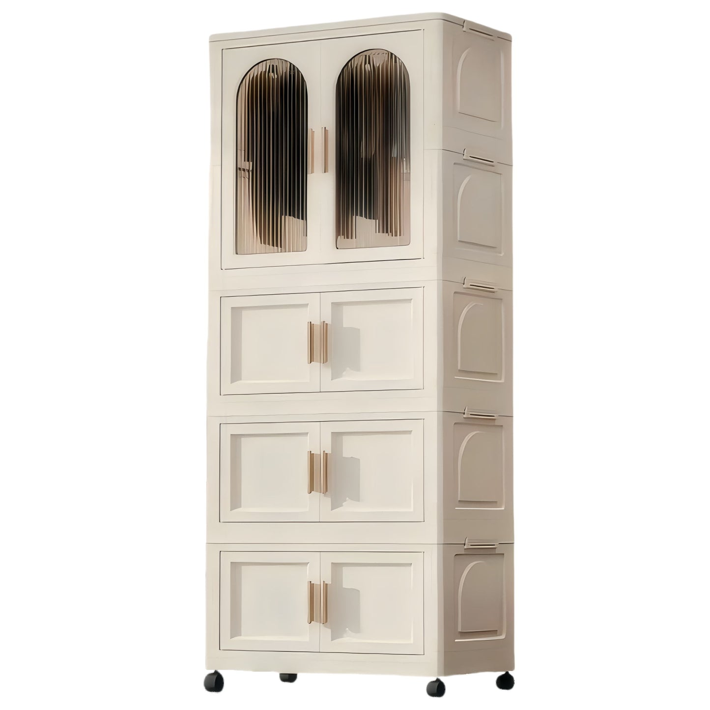 Folding Wardrobe Cabinet Wide White Plastic With Magnetic Doors, Wheels, And 10 Hangers - Cream White