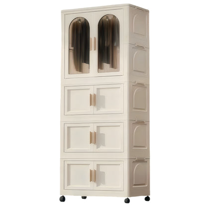 Folding Wardrobe Cabinet Wide White Plastic With Magnetic Doors, Wheels, And 10 Hangers - Cream White