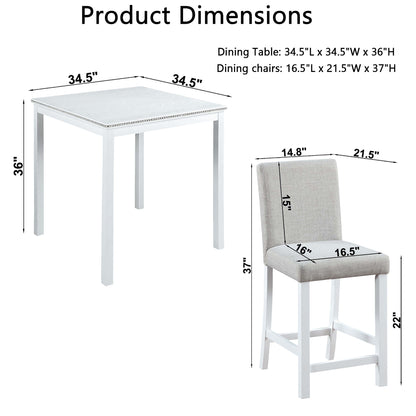 5 Piece Counter Height Table Set, Wooden Kitchen Table Set With Square Table And 4 Upholstered Chairs, Counter Height Dining Table With Crystal Decoration And Chair Set For Kitchen, Dining Room - White