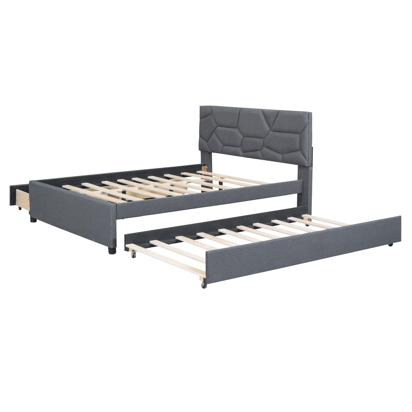Full Size Upholstered Platform Bed With Brick Pattern Headboard, With Twin Size Trundle And 2 Drawers - Gray