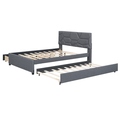 Full Size Upholstered Platform Bed With Brick Pattern Headboard, With Twin Size Trundle And 2 Drawers - Gray