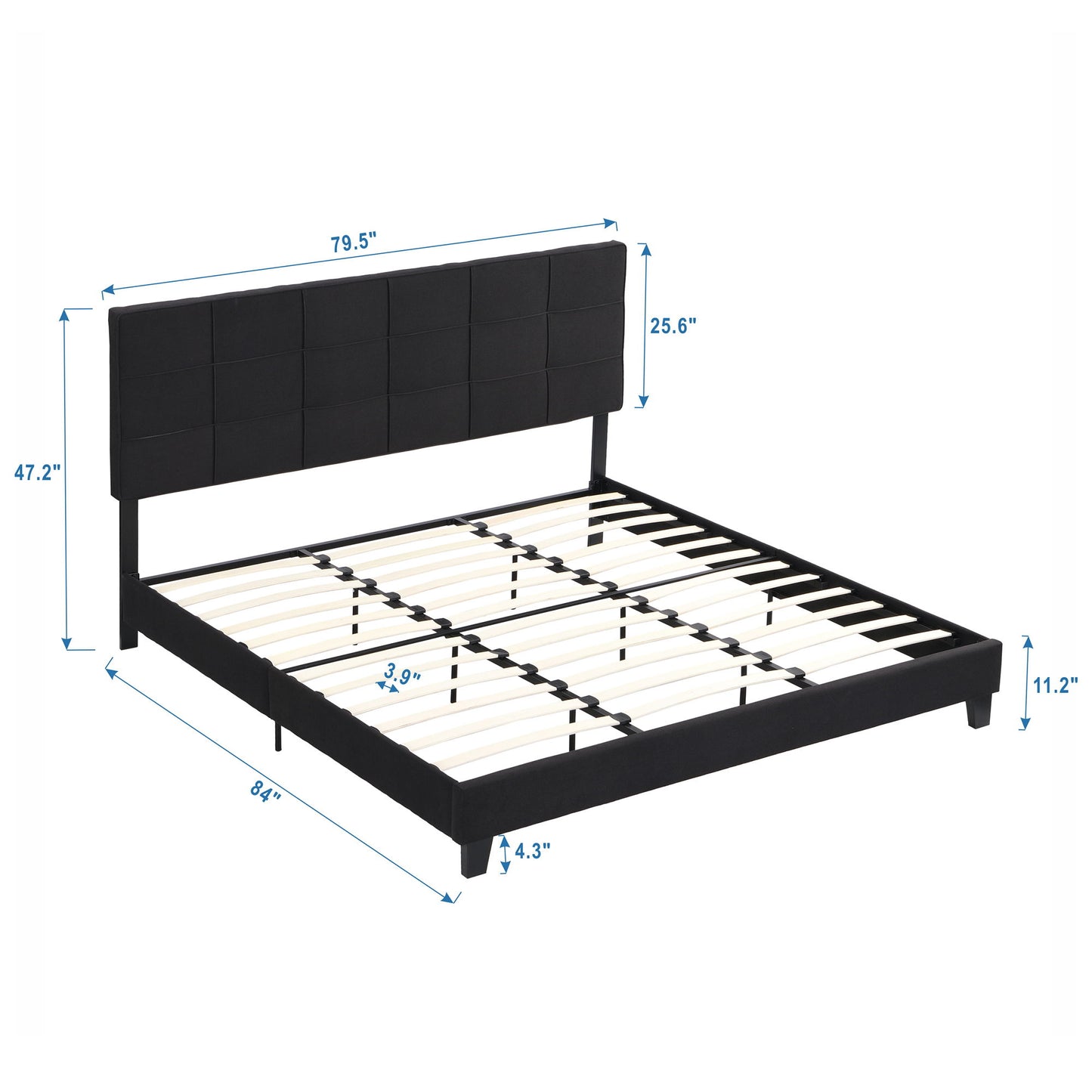 King Size Upholstered Platform Bed Frame With Linen Fabric Headboard, No Box Spring Needed, Wood Slat Support - Black