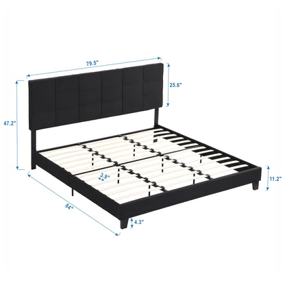 King Size Upholstered Platform Bed Frame With Linen Fabric Headboard, No Box Spring Needed, Wood Slat Support - Black