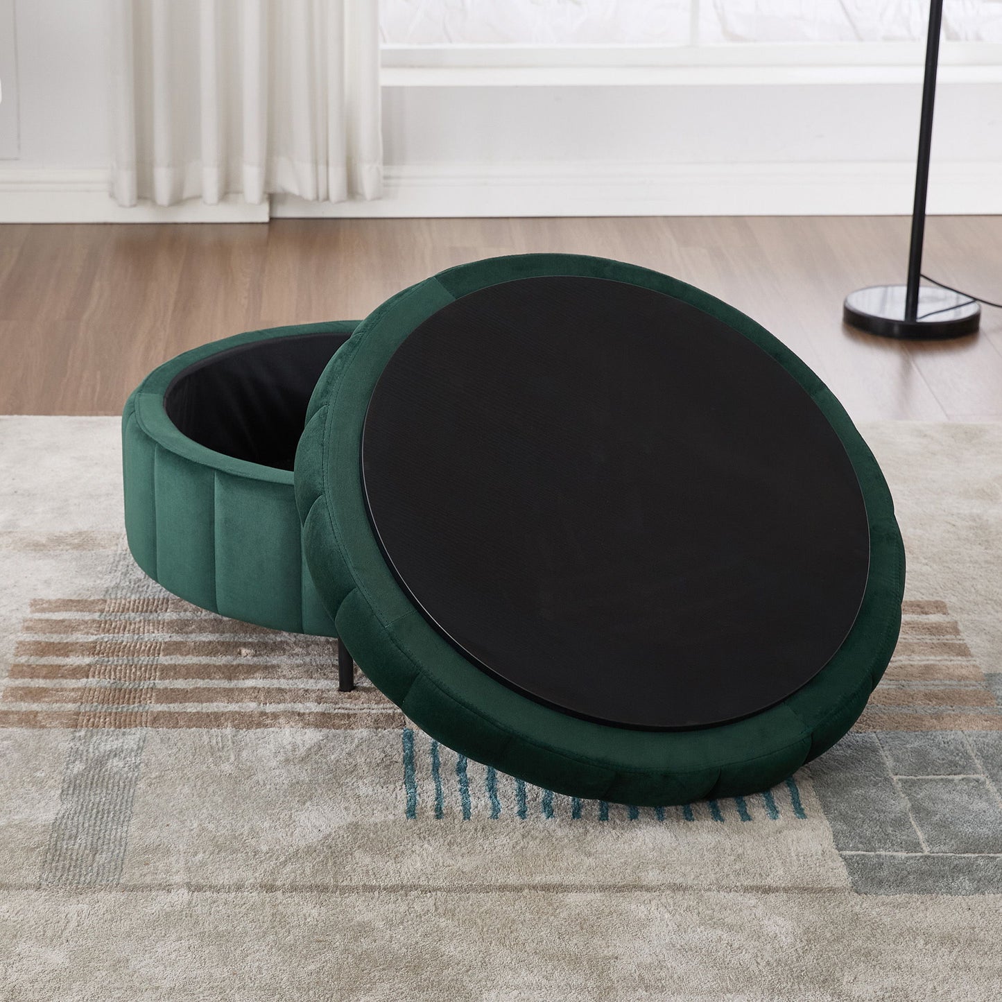 Upholstered Round Ottoman With Reversible Lid, Velvet Storage Stool, Channel Tufted Pumpkin Shape Footstool For Living Room, Bedroom And Office - Green