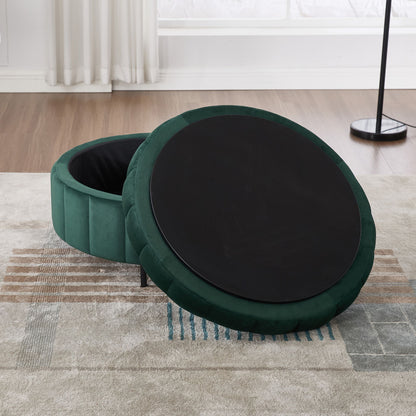 Upholstered Round Ottoman With Reversible Lid, Velvet Storage Stool, Channel Tufted Pumpkin Shape Footstool For Living Room, Bedroom And Office - Green