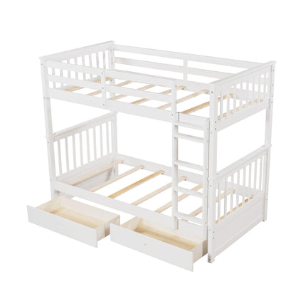 Twin Over Twin Bunk Bed With Ladders And 2 Storage Drawers - White