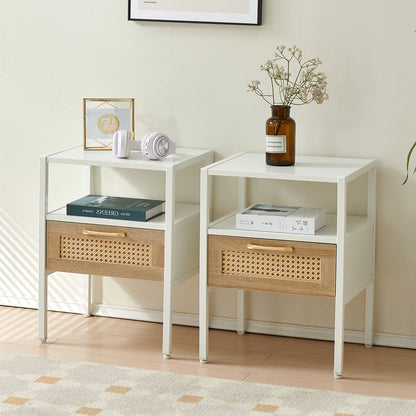 Rattan End Table With Drawer, Modern Nightstand, Metal Legs, Side Table For Living Room, Bedroom (Set of 2)- White