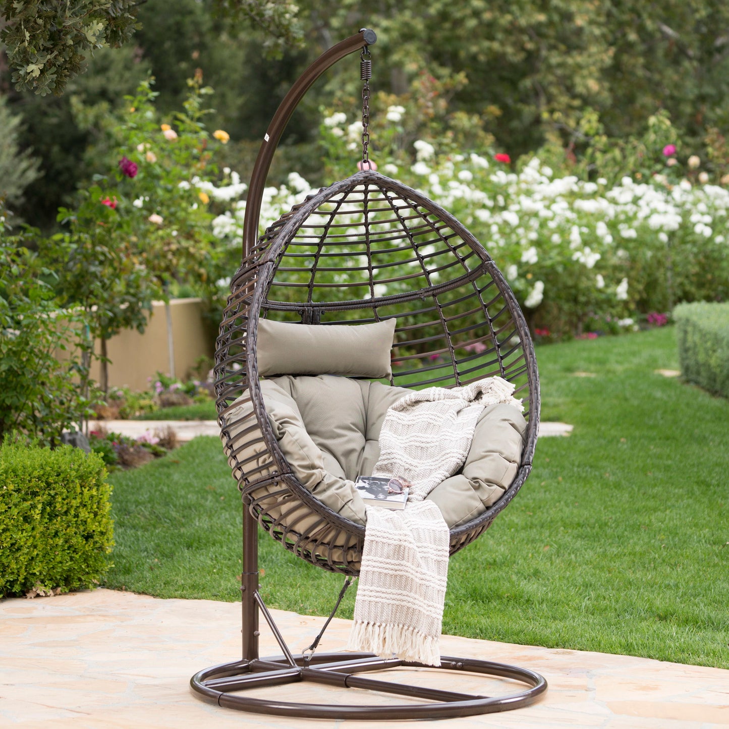 Hanging Basket Chair With Metal Frame And Seat Cushion - Khaki