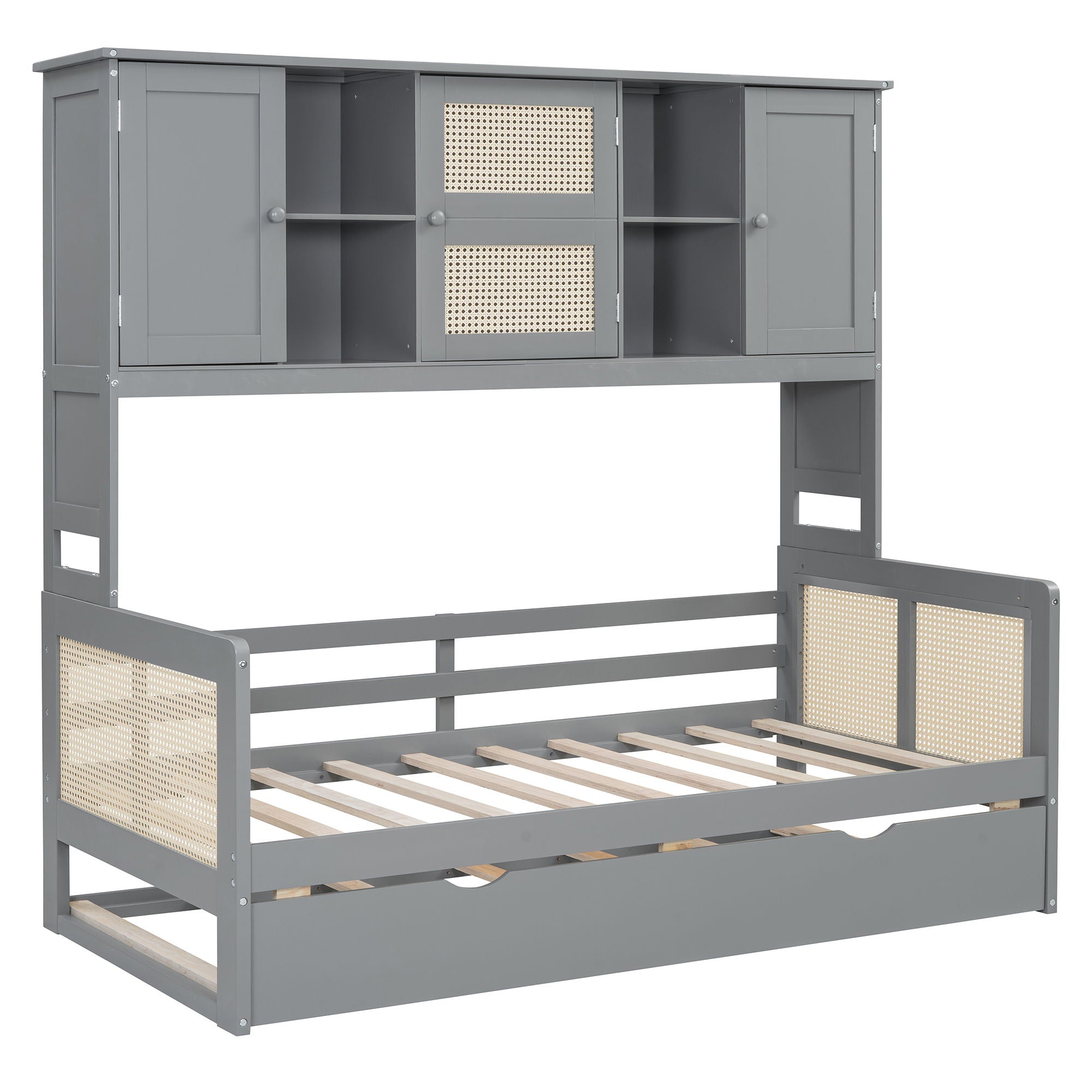 Twin Size Wooden Daybed With Twin Size Trundle, And All In One Cabinet And Shelf - Gray