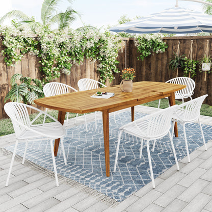Modern Expandable Outdoor Dining Set With Stackable Chairs - White / Teak