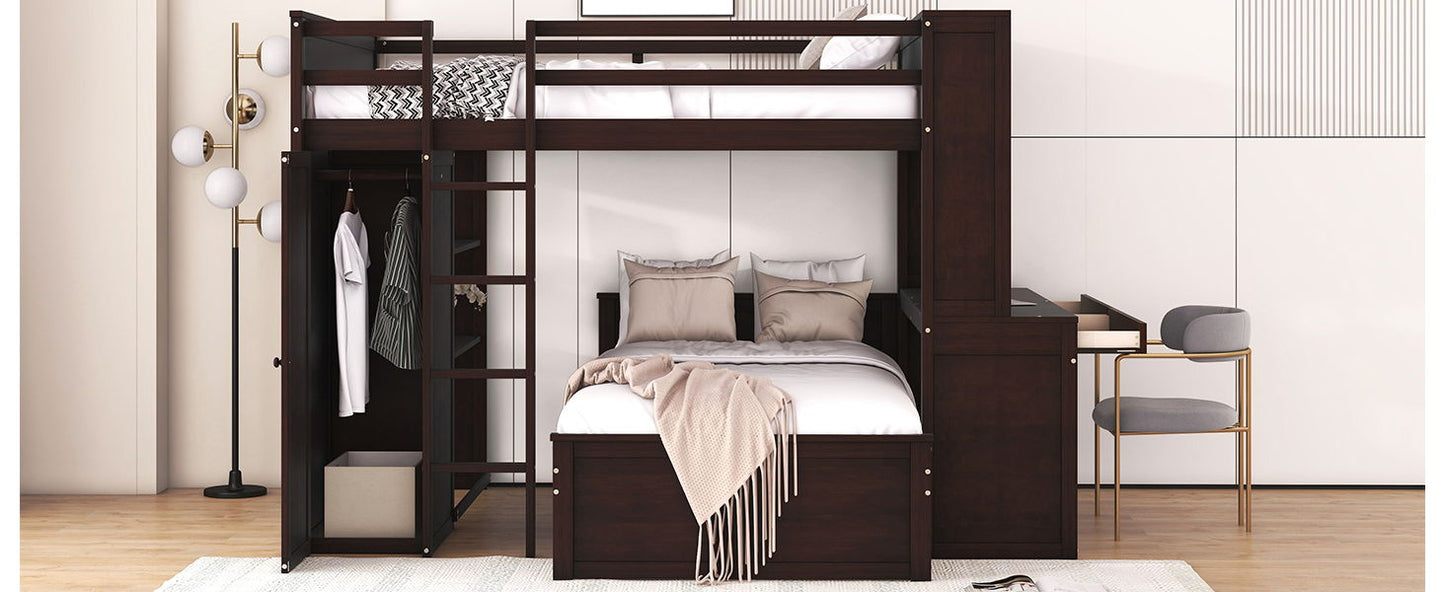 Full Size Loft Bed With A Twin Size Standalone Bed, Shelves, Desk, And Wardrobe - Espresso