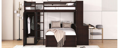 Full Size Loft Bed With A Twin Size Standalone Bed, Shelves, Desk, And Wardrobe - Espresso