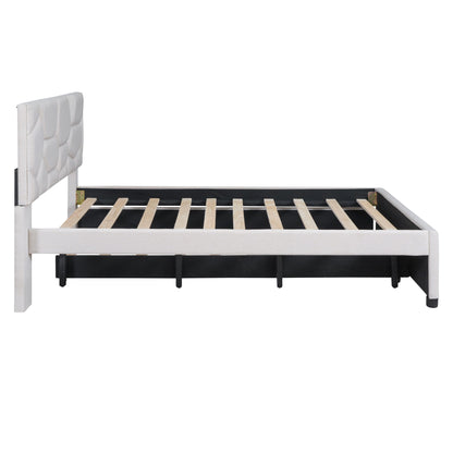 Full Size Upholstered Platform Bed With Brick Pattern Headboard And Twin Size Trundle - Beige