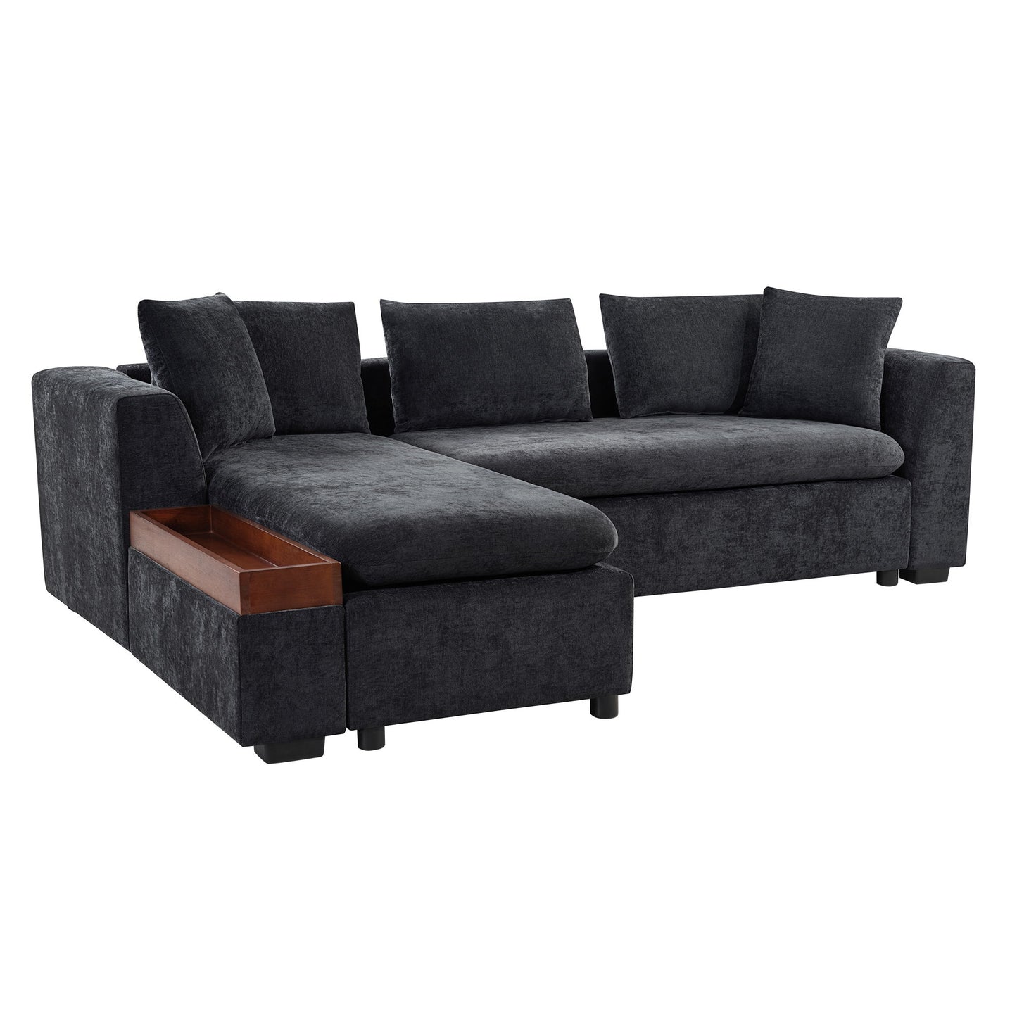 Modern L Shaped Sectional Sofa With Chenille Upholstery And Wooden Storage - Black