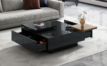Movable Top Coffee Table, Modern Square Wood Coffee Table With High Gloss Finish, 4 Hidden Storage Drawers For Living Room - Black