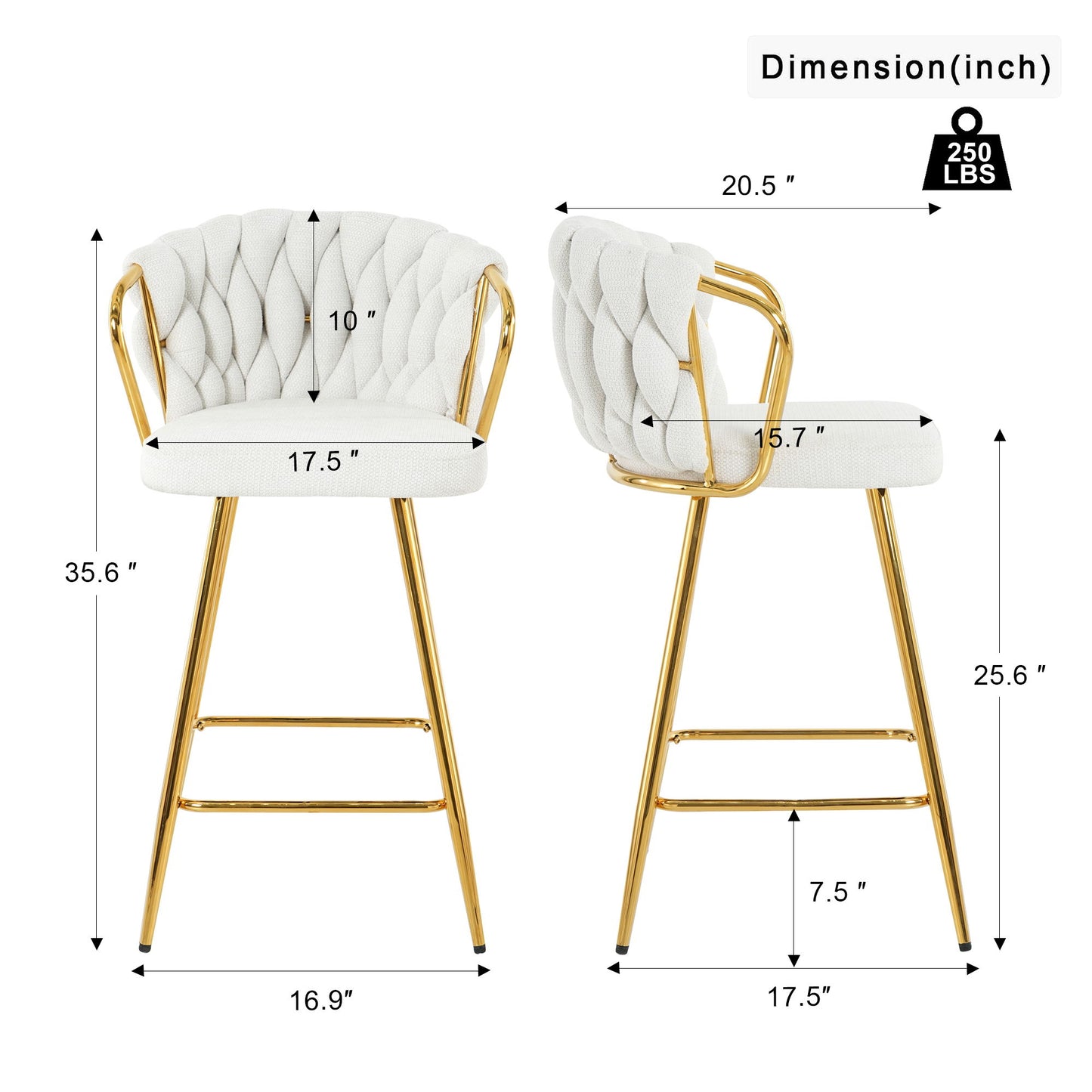 Modern Design High Stool With Gold Plated Legs Linen Bar Chair For Kitchen Dining And Cafe (Set of 2) - White