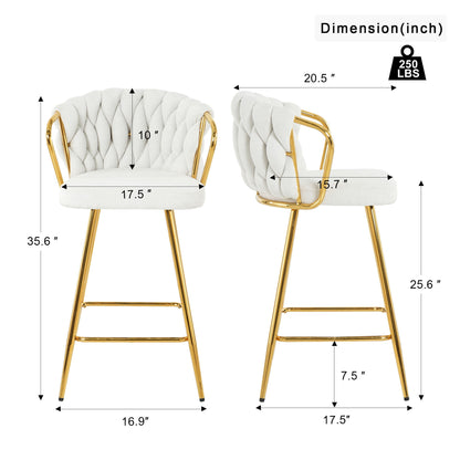 Modern Design High Stool With Gold Plated Legs Linen Bar Chair For Kitchen Dining And Cafe (Set of 2) - White