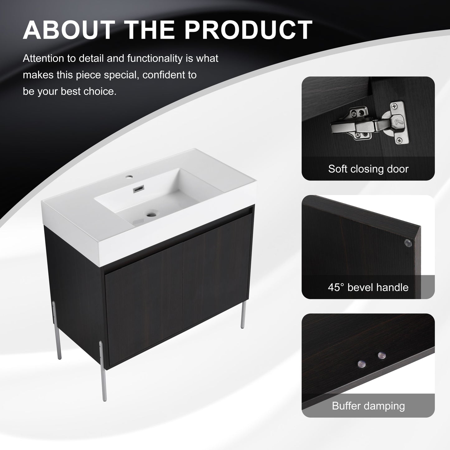 Minimalist 36" Freestanding Bathroom Vanity With Resin Sink And Storage Cabinet - Dark Oak