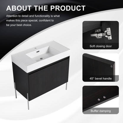 Minimalist 36" Freestanding Bathroom Vanity With Resin Sink And Storage Cabinet - Dark Oak