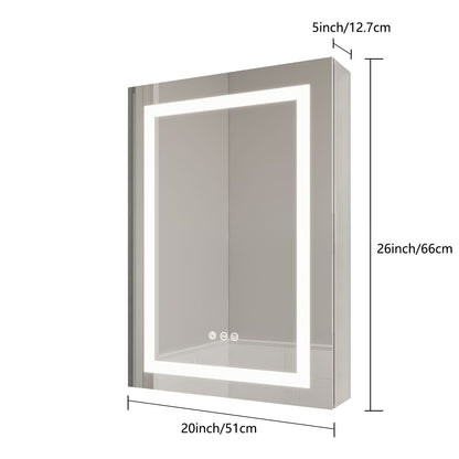 26" X 20" Bathroom Medicine Cabinet With LED Mirror, Anti-Fog, Waterproof, 3000K~6000K Single Door Lighted Bathroom Cabinet With Touch Swich, Dimmable, Recessed Or Surface Mount (Left Door) - Silver