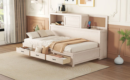 Twin Size Daybed With 3 Storage Drawers, Upper Soft Board, Shelf, And A Set Of Sockets And USB Ports - White