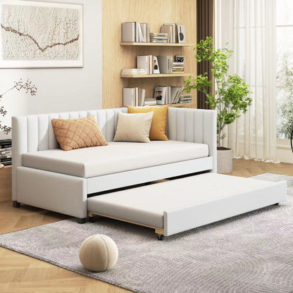 Twin Size Sofa Bed Upholstered Daybed With Trundle Frame No Box Spring Needed, Linen - Beige