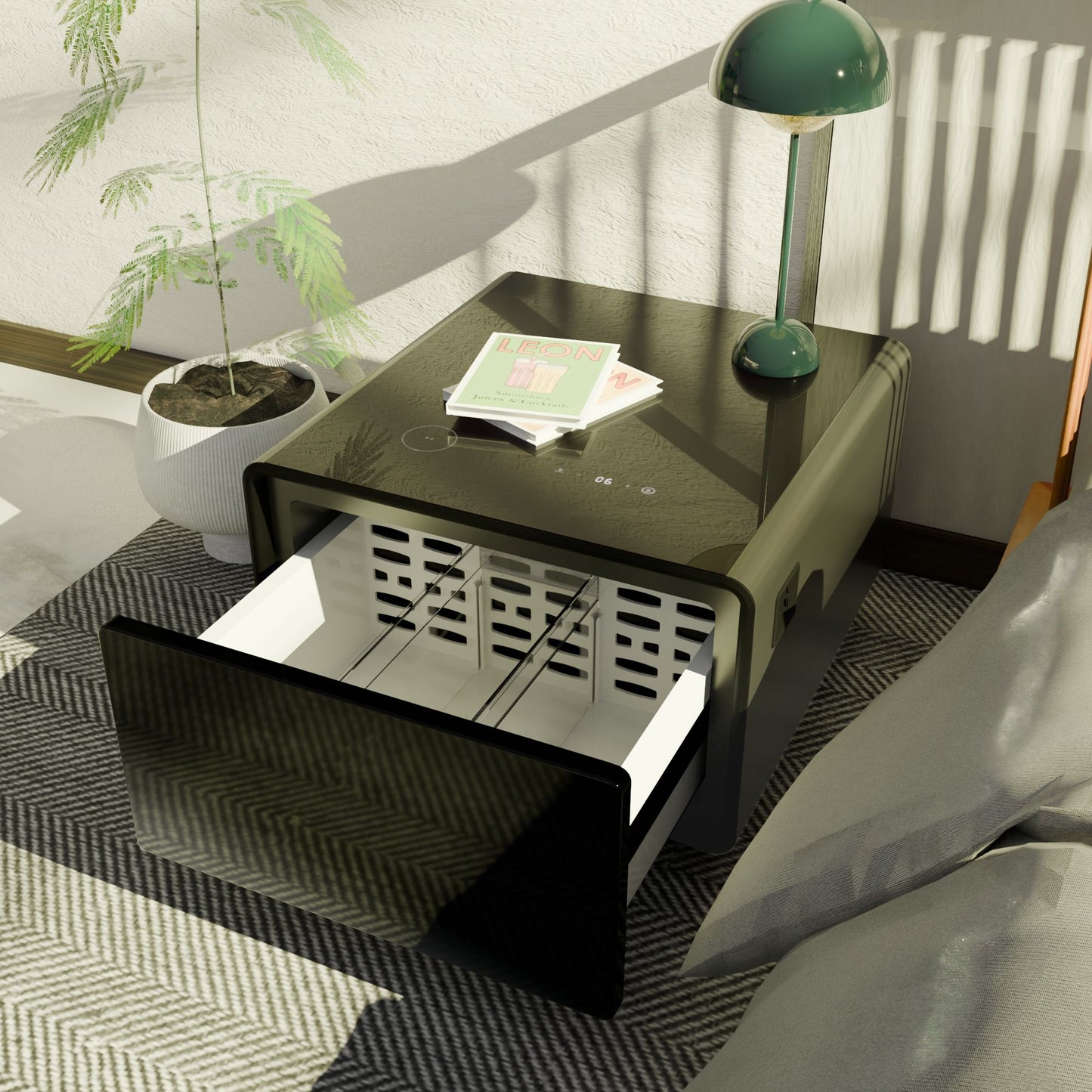 Modern Smart Side Table With Built-In Fridge, Wireless Charging, Temperature Control, Power Socket, USB Ports, Outlet Protection, Induction Light - Black
