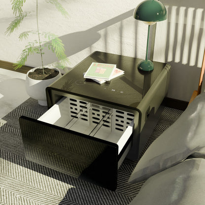 Modern Smart Side Table With Built-In Fridge, Wireless Charging, Temperature Control, Power Socket, USB Ports, Outlet Protection, Induction Light - Black