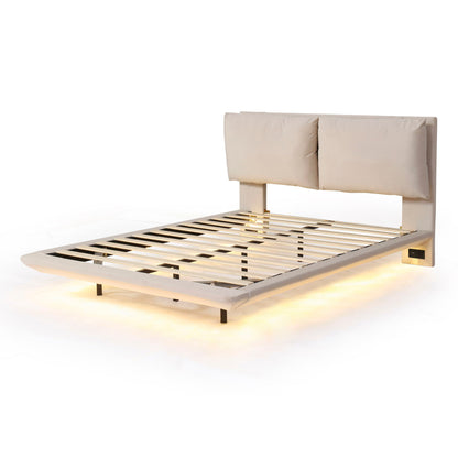 Queen Size Upholstered Platform Bed With Sensor Light And 2 Large Backrests, With 2 Sets Of USB Port And Socket On Each Rear Bed Leg - Beige