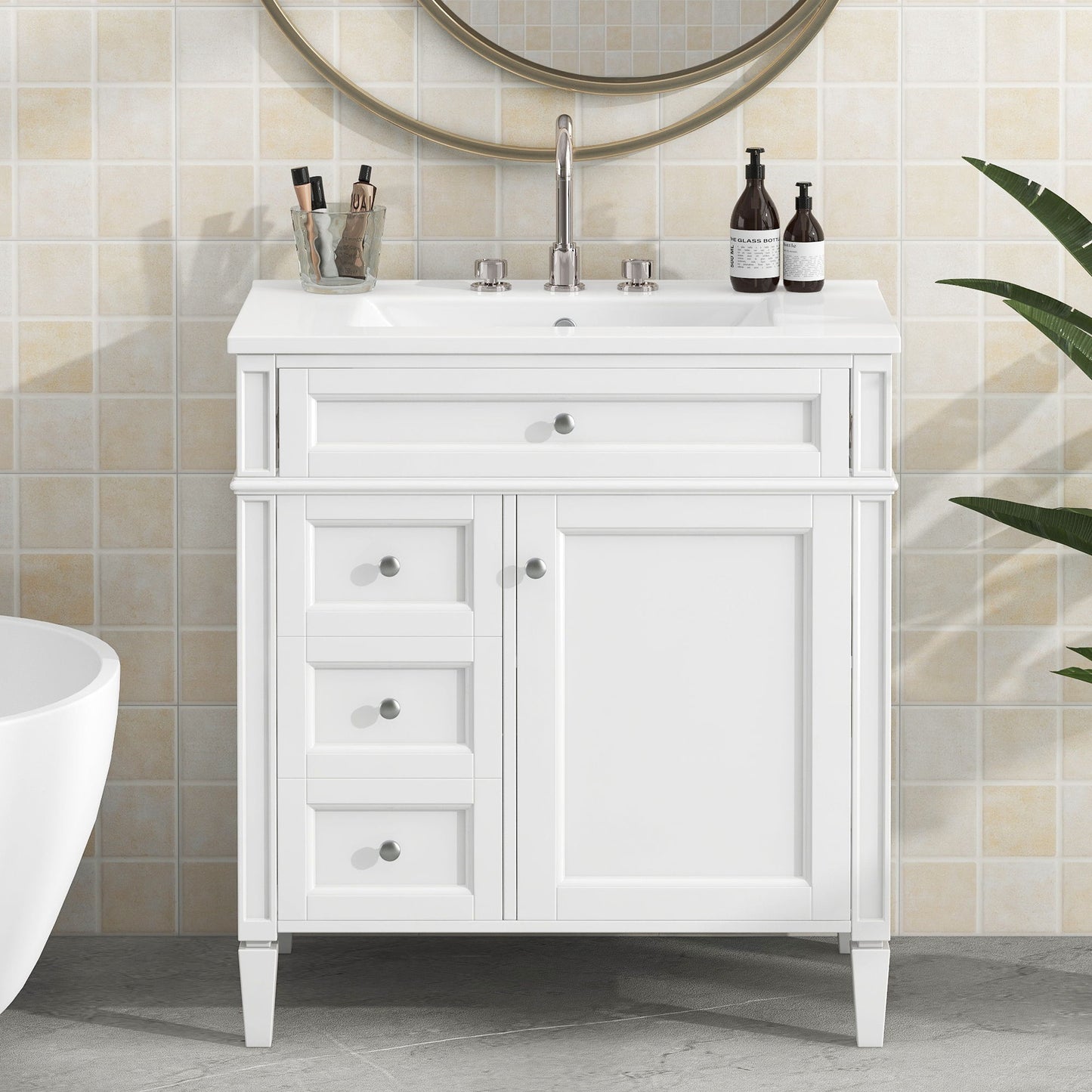 Bathroom Vanity & Top Sink, Modern Bathroom Storage Cabinet, 2 Drawers And A Tip-Out Drawer, Single Sink Bathroom Vanity - White
