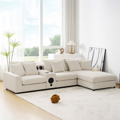 Sectional With Bluetooth Speakers L Shaped Couch With Console USB Charger, Cup Holders Storage Ottoman Deep And Wide Seat Cloud Sofa - Cream