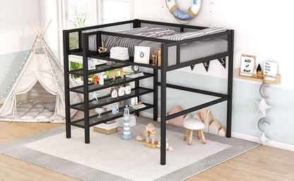 Full Size Loft Bed With 4 Tier Shelves And Storage - Black