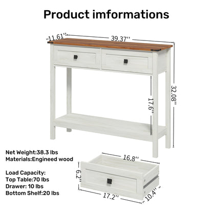 Farmhouse Style Console Table With 2 Drawers And Bottom Storage Shelf - Antique White