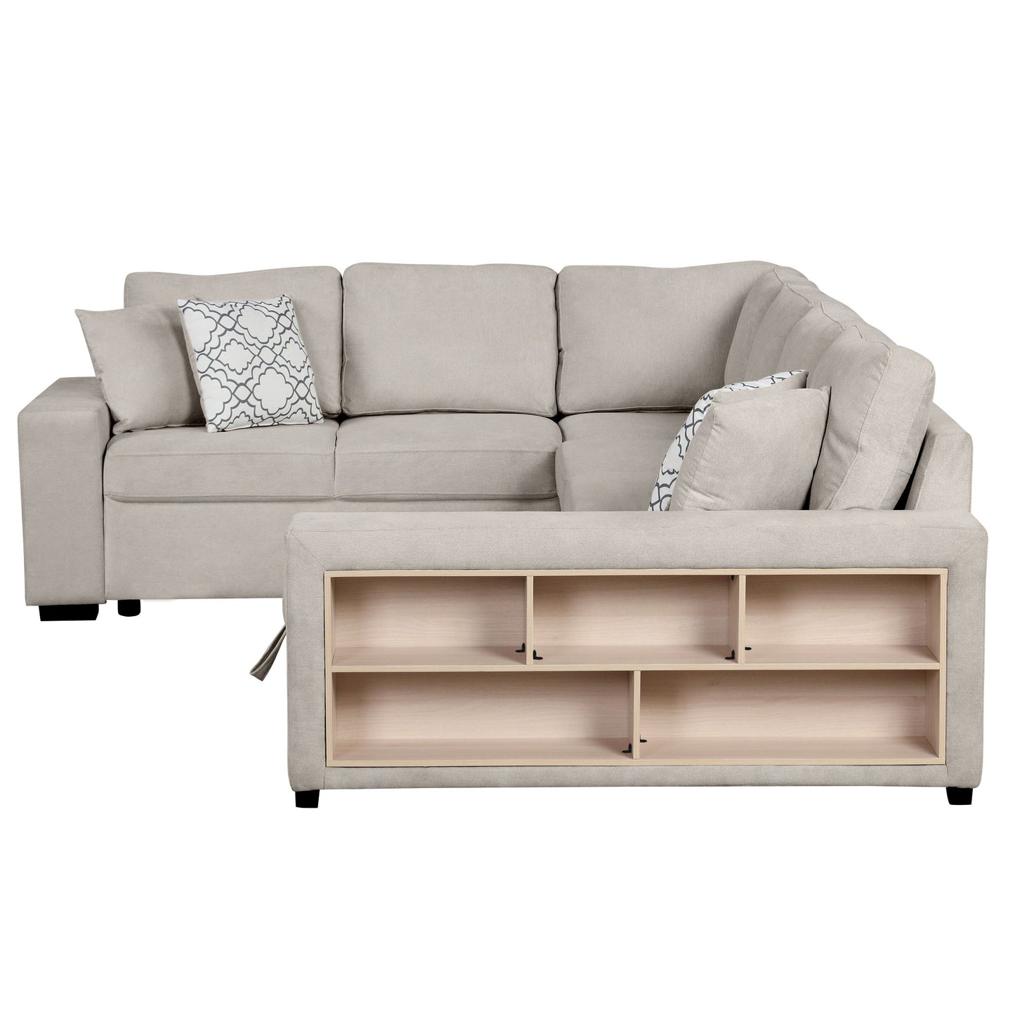 U-Shaped Sectional Sofa Pull-Out Sofa Bed With Two USB Ports, A Storage Chaise Lounge And Four Back Pillows For Living Room - Beige