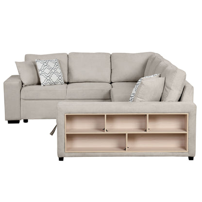 U-Shaped Sectional Sofa Pull-Out Sofa Bed With Two USB Ports, A Storage Chaise Lounge And Four Back Pillows For Living Room - Beige