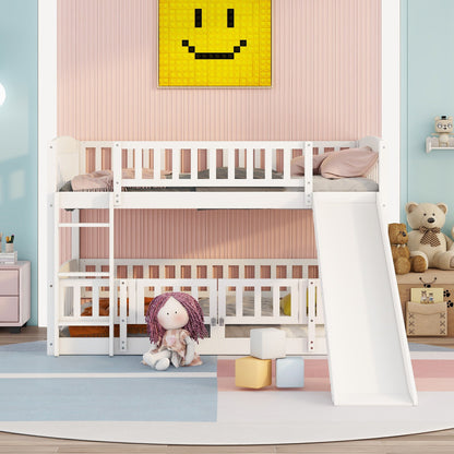 Full Over Full Low Bunk Bed With Slide, Fence And Ladder For Toddler - White