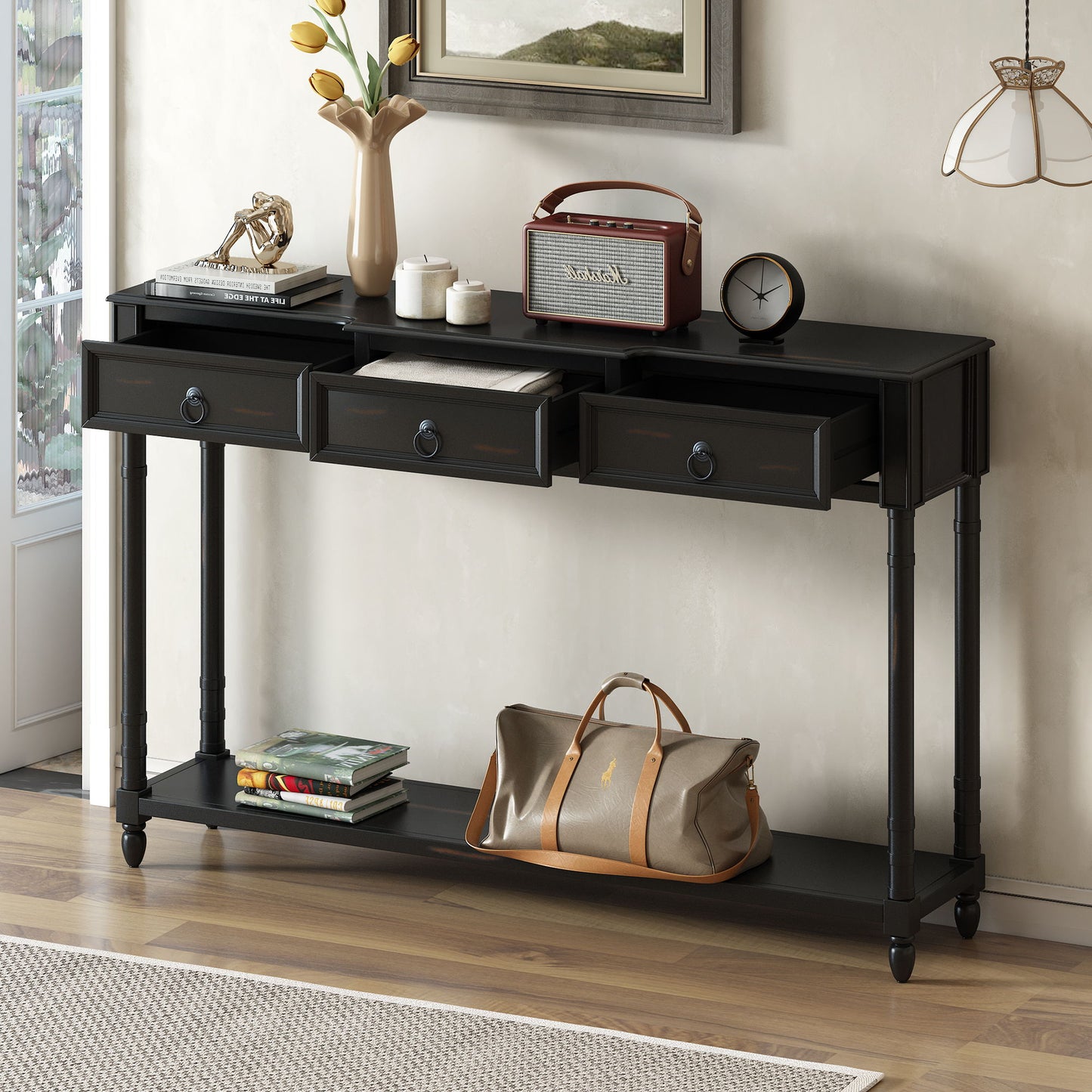 Console Table Sofa Table With Drawers For Entryway With Projecting Drawers And Long Shelf - Espresso