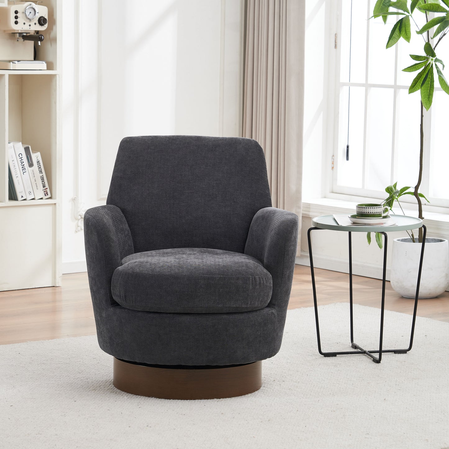 Swivel Barrel Chair, Swivel Accent Chairs Armchair For Living Room, Reading Chairs For Bedroom Comfy, Round Barrel Chairs With Gold Stainless Steel Base - Dark Gray