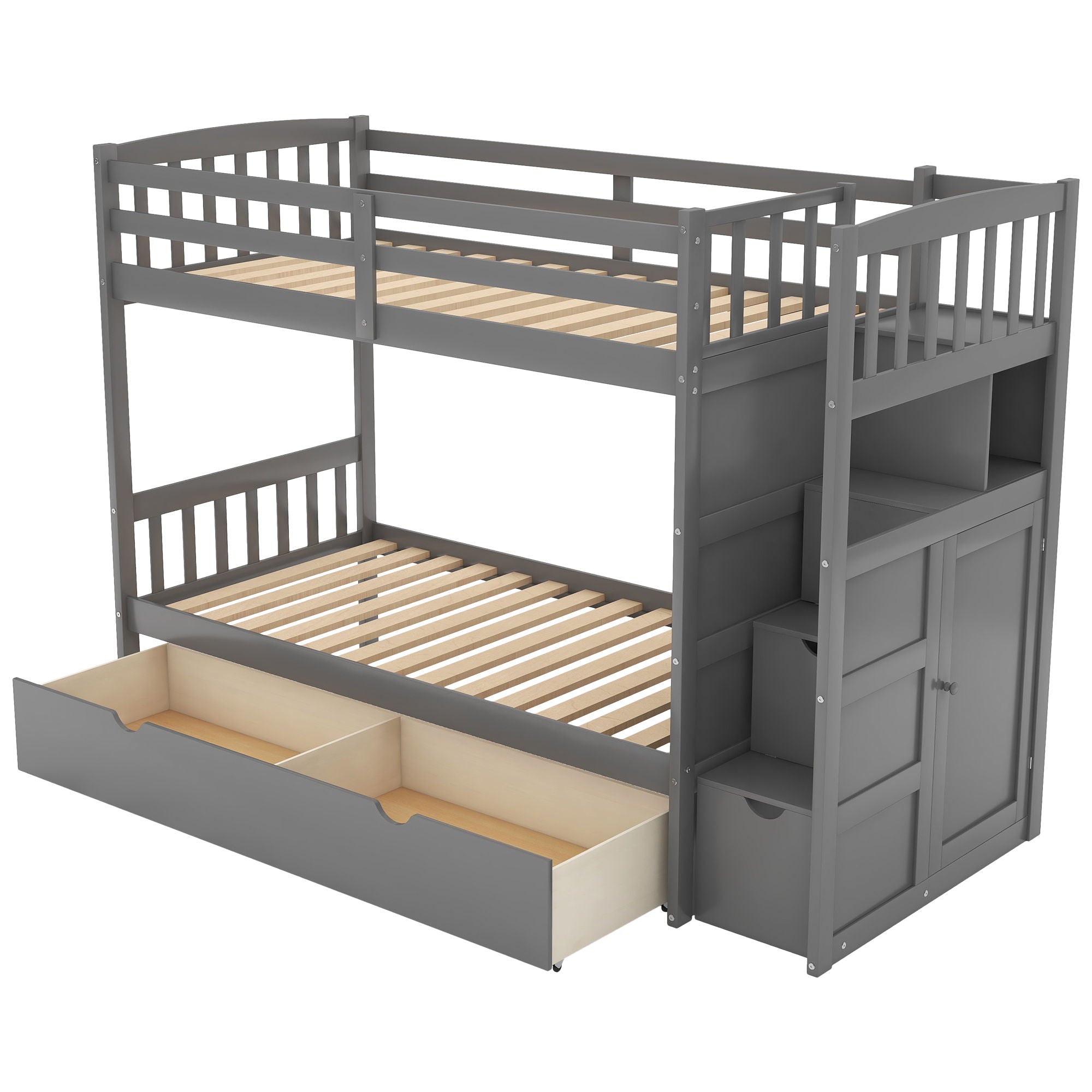 Twin Over Full / Twin Bunk Bed, Convertible Bottom Bed, Storage Shelves And Drawers - Gray