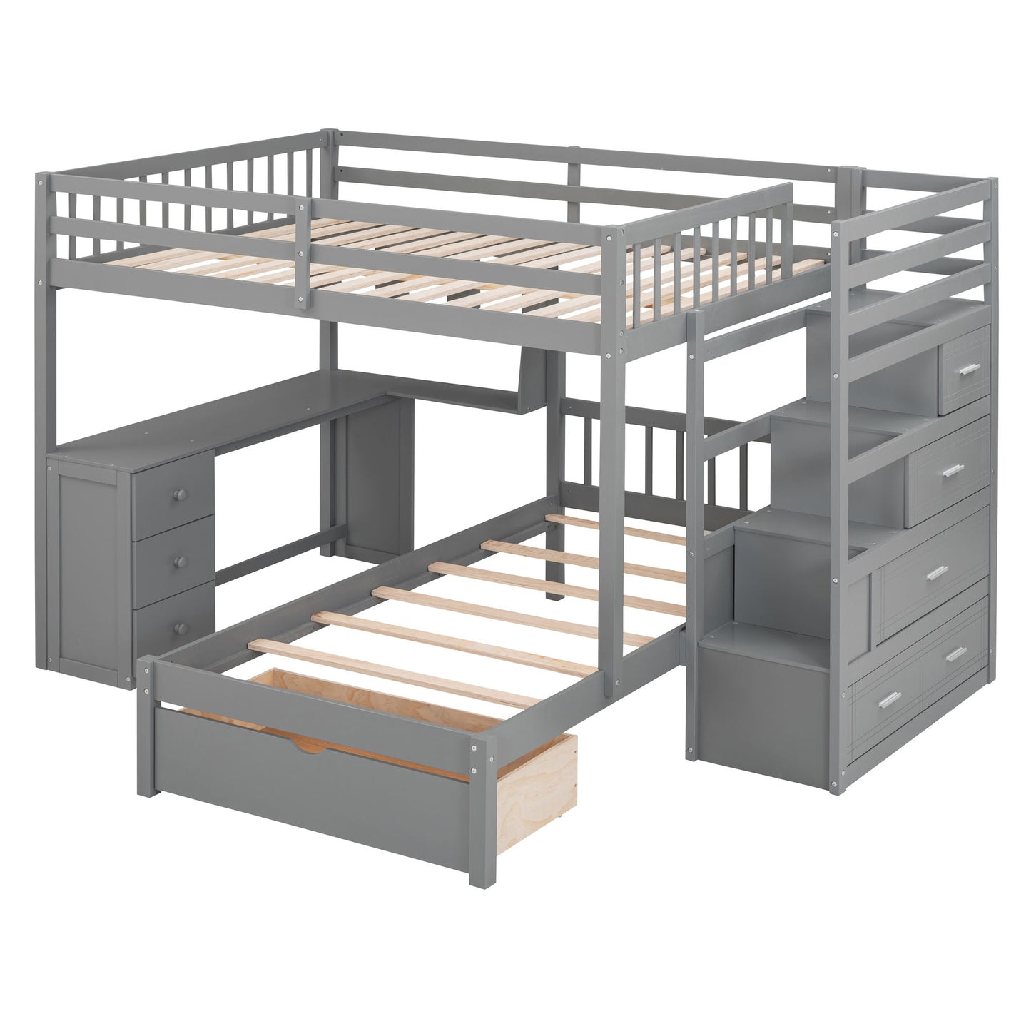Full Over Twin Bunk Bed With Desk, Drawers And Shelves - Gray