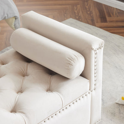 Storage Bench, Queen Velvet Button Bedside Bench, Entryway Living Room With Armrests, Nailhead Trim, Upholstered Bedroom Bench, Bedside Ottoman, Living Room, Entryway - Cream