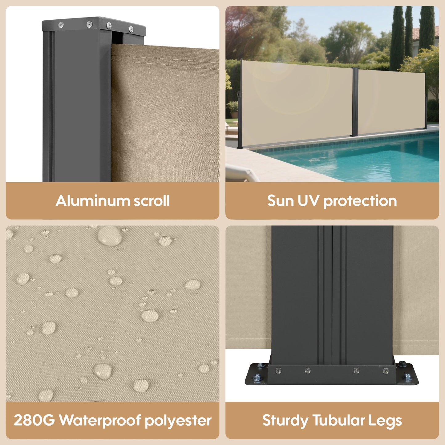 Retractable Side Awning Waterproof And UV Resistant Roll Up Privacy Screen For Balcony - Beige