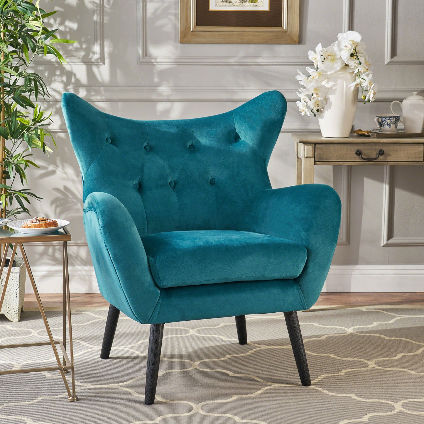Alyssa - Velvet Arm Chair With Wingback Design - Teal