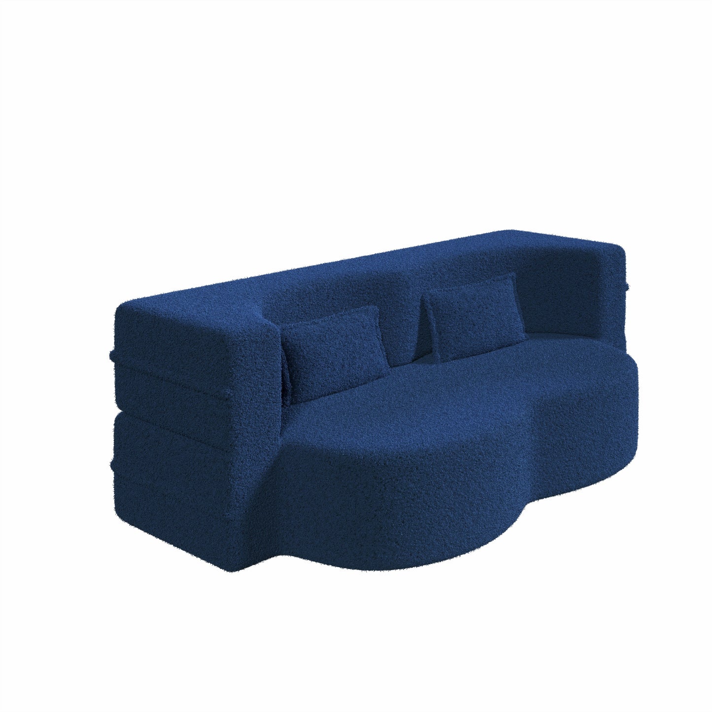 Modern Floor Sofa With 2 Pillows, Convertible Teddy Fabric Foam Filled Sleeper Sofa Bed, Full Size Folding Mattress For Living Room Guest Bed, Playroom, No Assembly Required - Blue