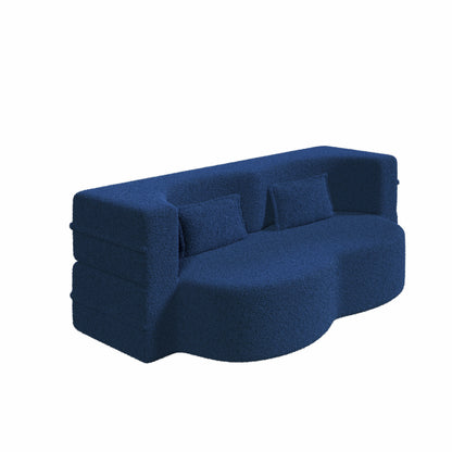 Modern Floor Sofa With 2 Pillows, Convertible Teddy Fabric Foam Filled Sleeper Sofa Bed, Full Size Folding Mattress For Living Room Guest Bed, Playroom, No Assembly Required - Blue