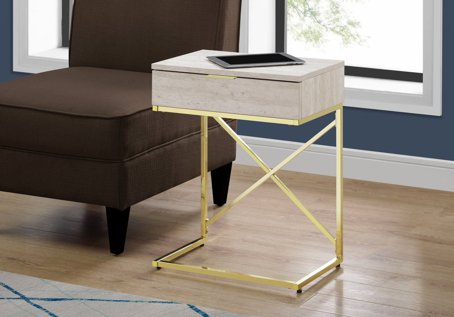 Accent Side Table, Storage Drawer, Marble Look Contemporary & Modern - Beige