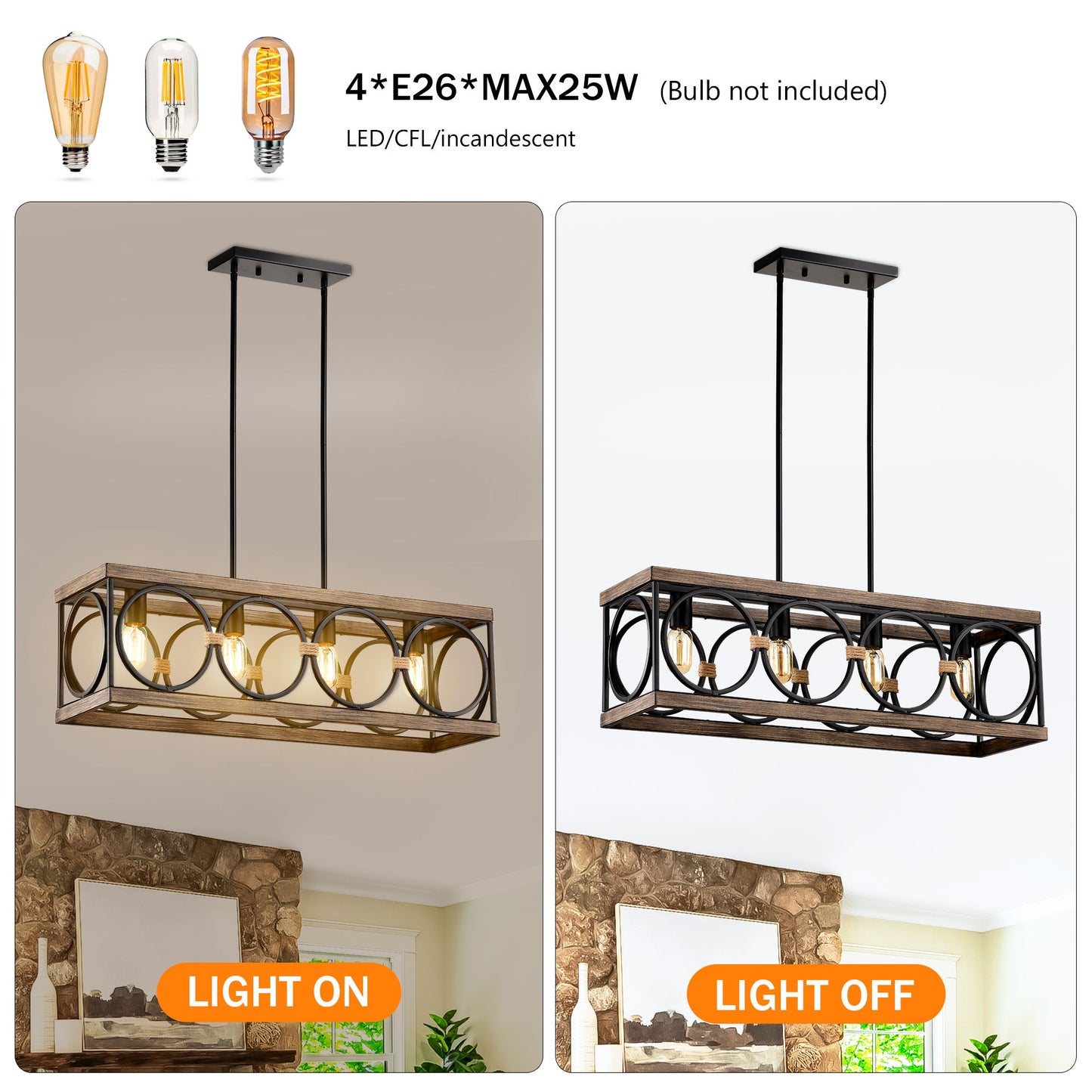 4 Light (Bulb No Included) Farmhouse Rectangle Pendant Light, Wood Texture Vintage Rustic Chandeliers Metal Industrial Hanging Light Fixtures For Kitchen, Entryway, Dining Room - Black / Natural