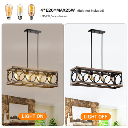 4 Light (Bulb No Included) Farmhouse Rectangle Pendant Light, Wood Texture Vintage Rustic Chandeliers Metal Industrial Hanging Light Fixtures For Kitchen, Entryway, Dining Room - Black / Natural