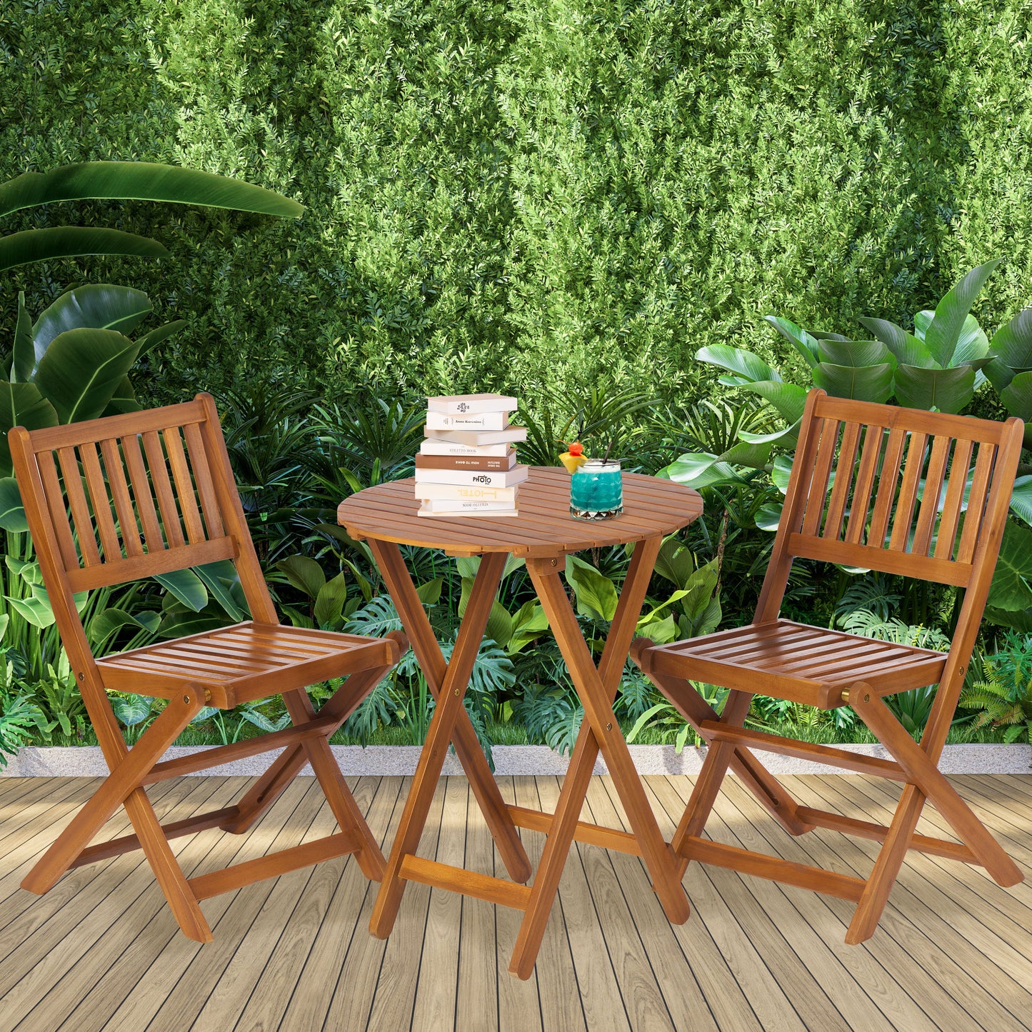 3 Piece Acacia Bistro Set, Folding Patio Furniture For Garden Backyard Balcony Porch With 1 Coffee Table And 2 Foldable Chairs - Light Brown